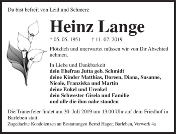 Traueranzeige von Heinz Lange  von Magdeburger Volksstimme