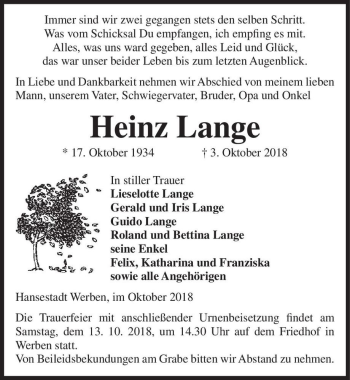 Traueranzeige von Heinz Lange  von Magdeburger Volksstimme