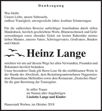 Traueranzeige von Heinz Lange  von Magdeburger Volksstimme