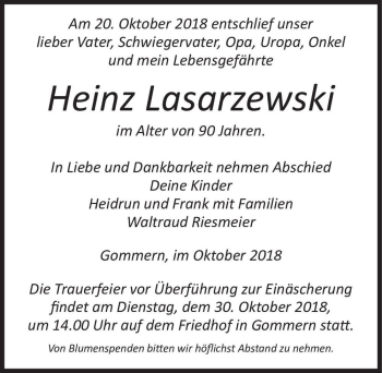 Traueranzeige von Heinz Lasarzewski  von Magdeburger Volksstimme