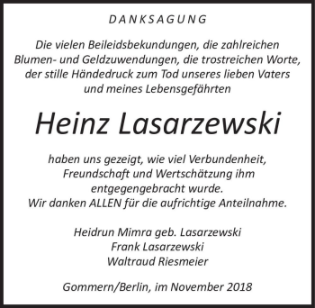 Traueranzeige von Heinz Lasarzewski  von Magdeburger Volksstimme