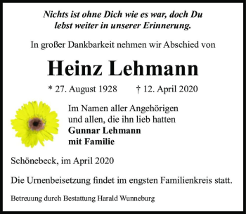 Traueranzeige von Heinz Lehmann  von Magdeburger Volksstimme
