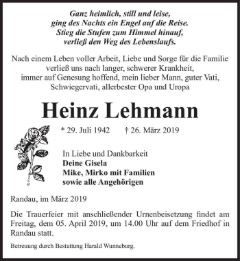 Traueranzeige von Heinz Lehmann  von Magdeburger Volksstimme