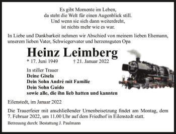 Traueranzeige von Heinz Leimberg  von Magdeburger Volksstimme