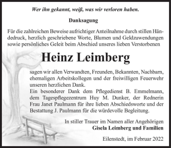 Traueranzeige von Heinz Leimberg  von Magdeburger Volksstimme