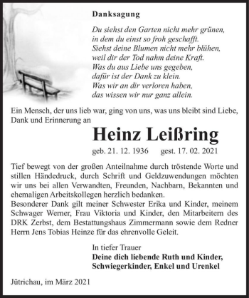 Traueranzeige von Heinz Leißring  von Magdeburger Volksstimme