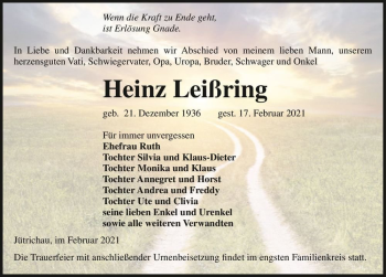 Traueranzeige von Heinz Leißring  von Magdeburger Volksstimme
