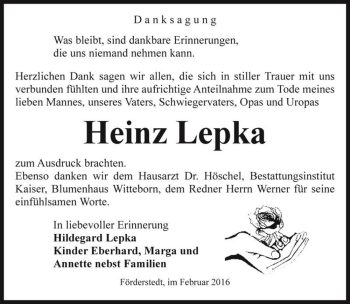 Traueranzeige von Heinz Lepka  von Magdeburger Volksstimme