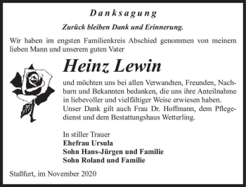 Traueranzeige von Heinz Lewin  von Magdeburger Volksstimme