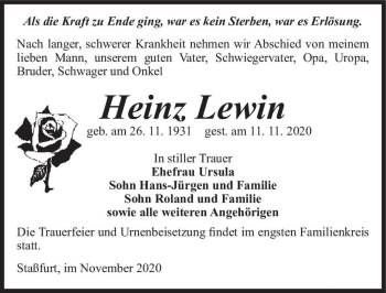 Traueranzeige von Heinz Lewin  von Magdeburger Volksstimme