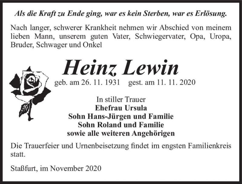  Traueranzeige für Heinz Lewin  vom 14.11.2020 aus Magdeburger Volksstimme