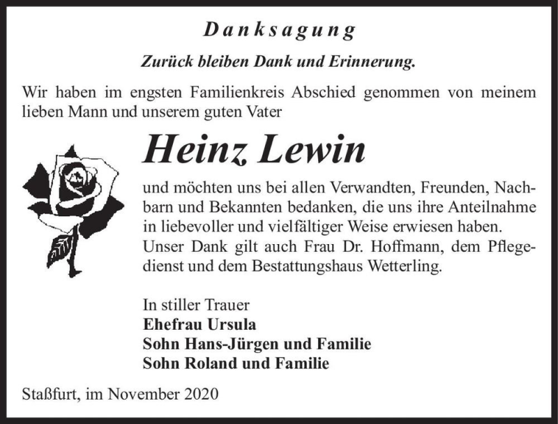  Traueranzeige für Heinz Lewin  vom 05.12.2020 aus Magdeburger Volksstimme