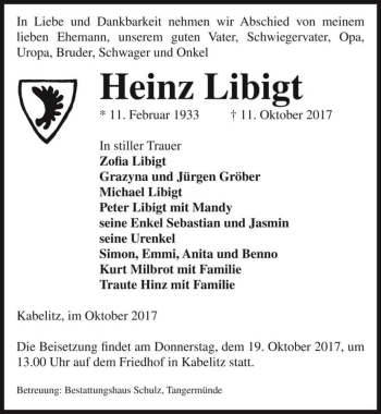 Traueranzeige von Heinz Libigt  von Magdeburger Volksstimme