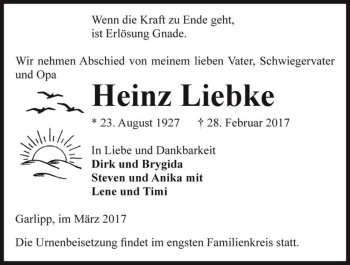 Traueranzeige von Heinz Liebke  von Magdeburger Volksstimme