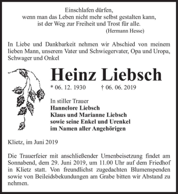Traueranzeige von Heinz Liebsch  von Magdeburger Volksstimme