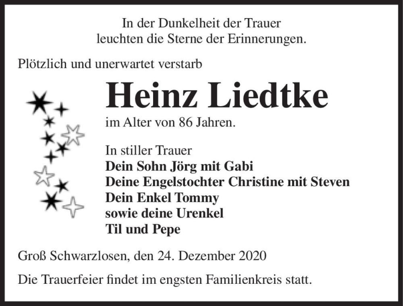  Traueranzeige für Heinz Liedtke  vom 02.01.2021 aus Magdeburger Volksstimme