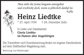 Traueranzeige von Heinz Liedtke  von Magdeburger Volksstimme