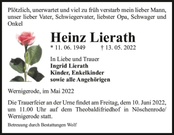 Traueranzeige von Heinz Lierath  von Magdeburger Volksstimme
