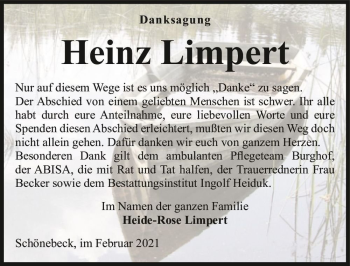 Traueranzeige von Heinz Limpert  von Magdeburger Volksstimme