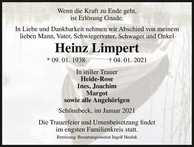  Traueranzeige für Heinz Limpert  vom 09.01.2021 aus Magdeburger Volksstimme
