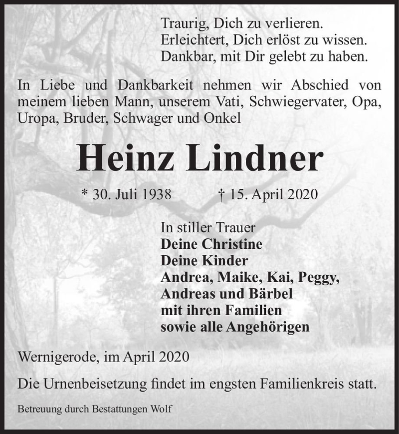 Traueranzeige für Heinz Lindner  vom 18.04.2020 aus Magdeburger Volksstimme