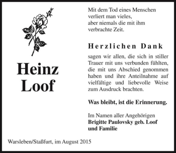Traueranzeige von Heinz Loof  von Magdeburger Volksstimme
