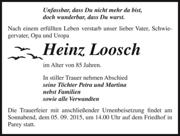 Traueranzeige von Heinz Loosch  von Magdeburger Volksstimme