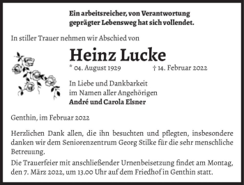 Traueranzeige von Heinz Lucke  von Magdeburger Volksstimme