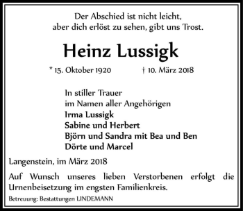 Traueranzeige von Heinz Lussigk  von Magdeburger Volksstimme