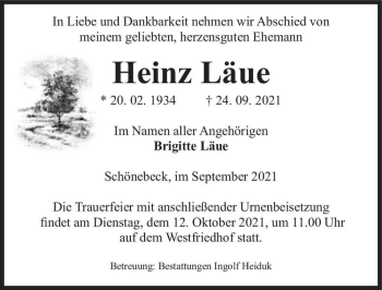 Traueranzeige von Heinz Läue  von Magdeburger Volksstimme