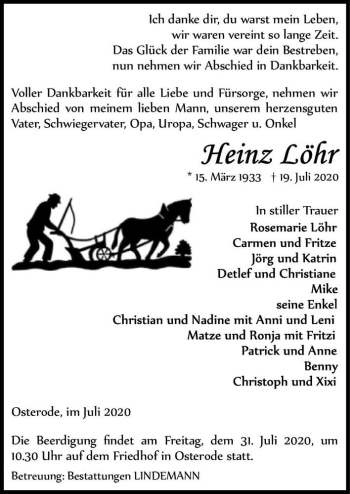 Traueranzeige von Heinz Löhr  von Magdeburger Volksstimme