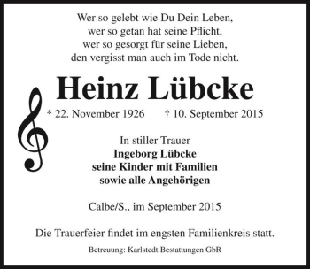 Traueranzeige von Heinz Lübcke  von Magdeburger Volksstimme