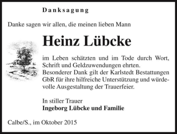 Traueranzeige von Heinz Lübcke  von Magdeburger Volksstimme