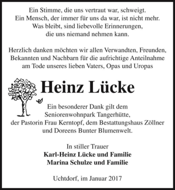 Traueranzeige von Heinz Lücke  von Magdeburger Volksstimme