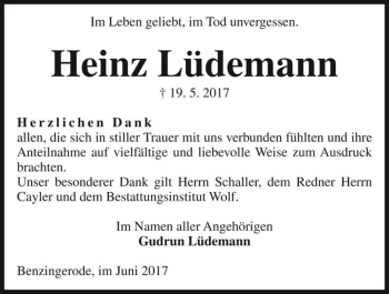 Traueranzeige von Heinz Lüdemann  von Magdeburger Volksstimme