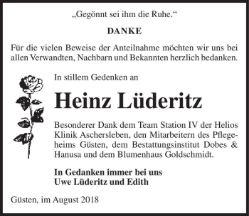 Traueranzeige von Heinz Lüderitz  von Magdeburger Volksstimme