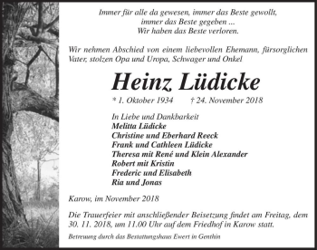 Traueranzeige von Heinz Lüdicke  von Magdeburger Volksstimme