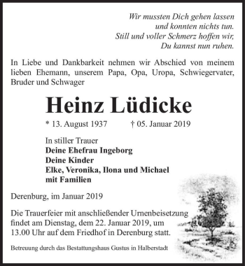 Traueranzeige von Heinz Lüdicke  von Magdeburger Volksstimme