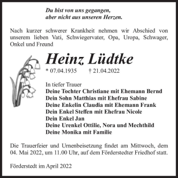 Traueranzeige von Heinz Lüdtke  von Magdeburger Volksstimme