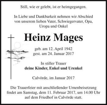 Traueranzeige von Heinz Mages  von Magdeburger Volksstimme