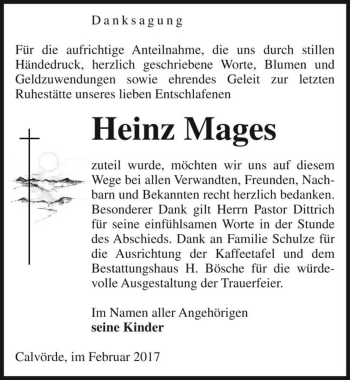 Traueranzeige von Heinz Mages  von Magdeburger Volksstimme