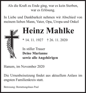 Traueranzeige von Heinz Mahlke  von Magdeburger Volksstimme
