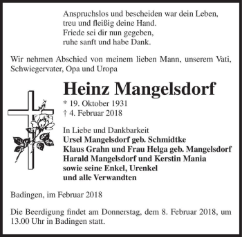 Traueranzeige von Heinz Mangelsdorf  von Magdeburger Volksstimme