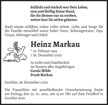 Traueranzeige von Heinz Markau  von Magdeburger Volksstimme