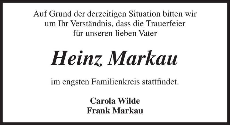  Traueranzeige für Heinz Markau  vom 16.01.2021 aus Magdeburger Volksstimme