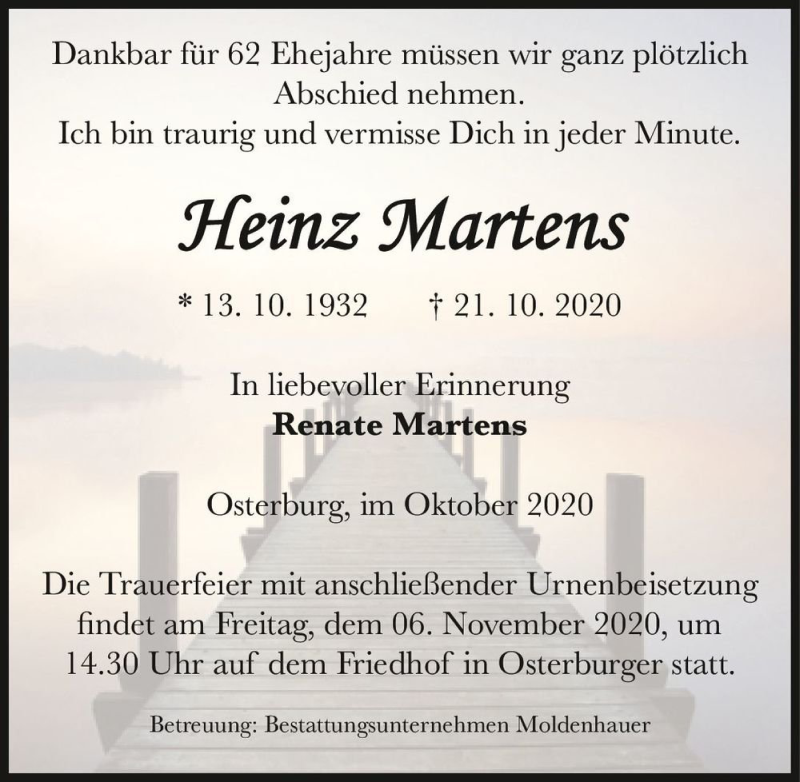  Traueranzeige für Heinz Martens  vom 24.10.2020 aus Magdeburger Volksstimme
