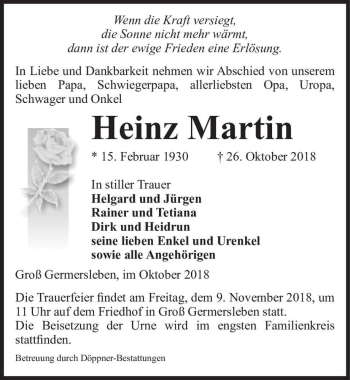 Traueranzeige von Heinz Martin  von Magdeburger Volksstimme