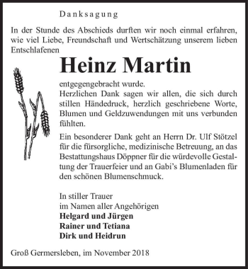 Traueranzeige von Heinz Martin  von Magdeburger Volksstimme