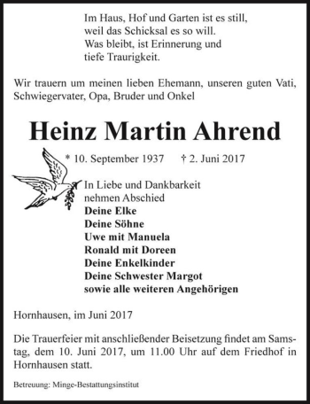 Traueranzeige von Heinz Martin Ahrend  von Magdeburger Volksstimme
