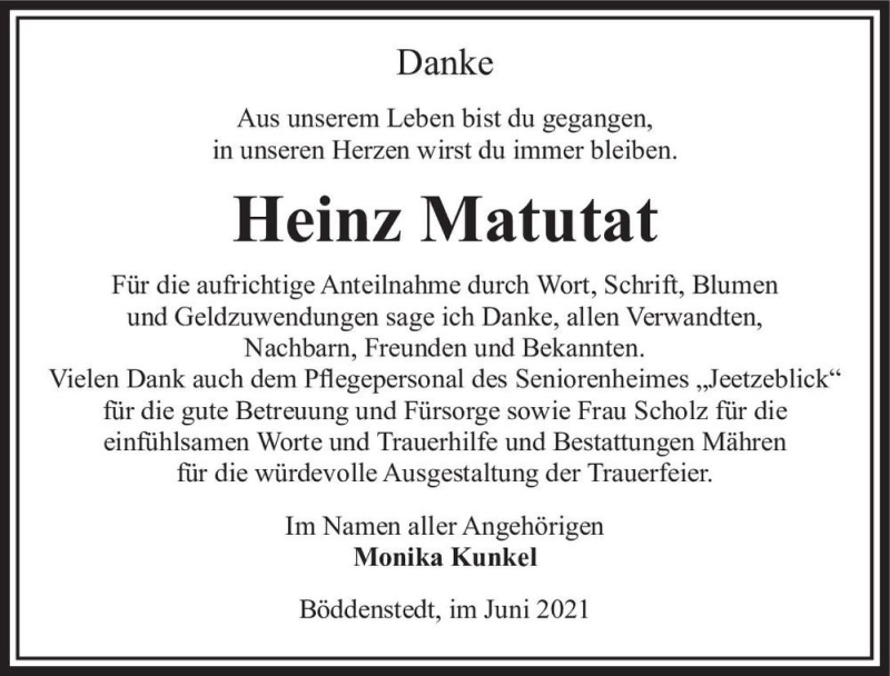  Traueranzeige für Heinz Matutat  vom 16.06.2021 aus Magdeburger Volksstimme
